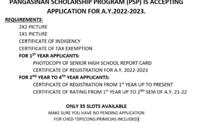 Pangasinan Scholarship Program (PSP) is Accepting Application for A.Y. 2022-2023.