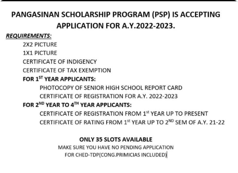 Pangasinan Scholarship Program (PSP) is Accepting Application for A.Y. 2022-2023.